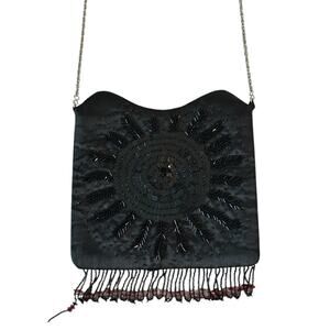 Vintage Black Beaded Fringe Shoulder Bag